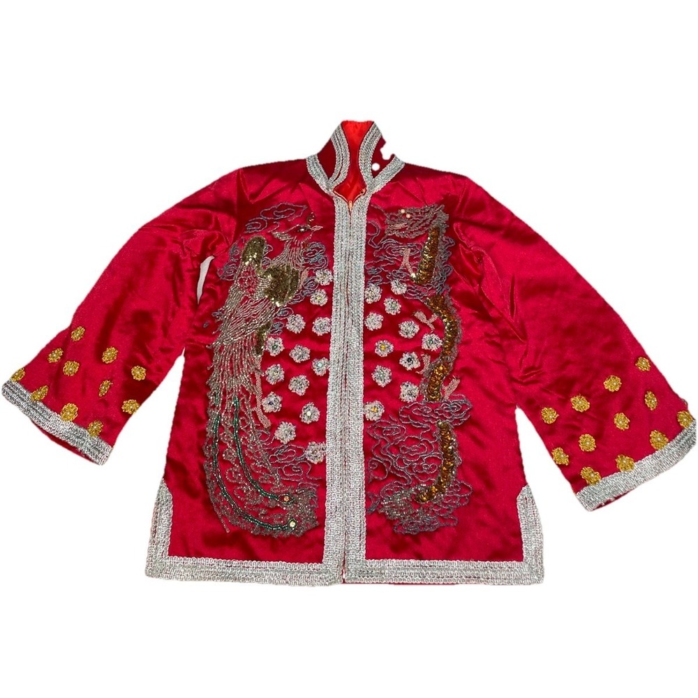60s Vintage 2pc Red Jacket Kimono & Skirt Beaded Sequin Asian Dragon Bird pinup